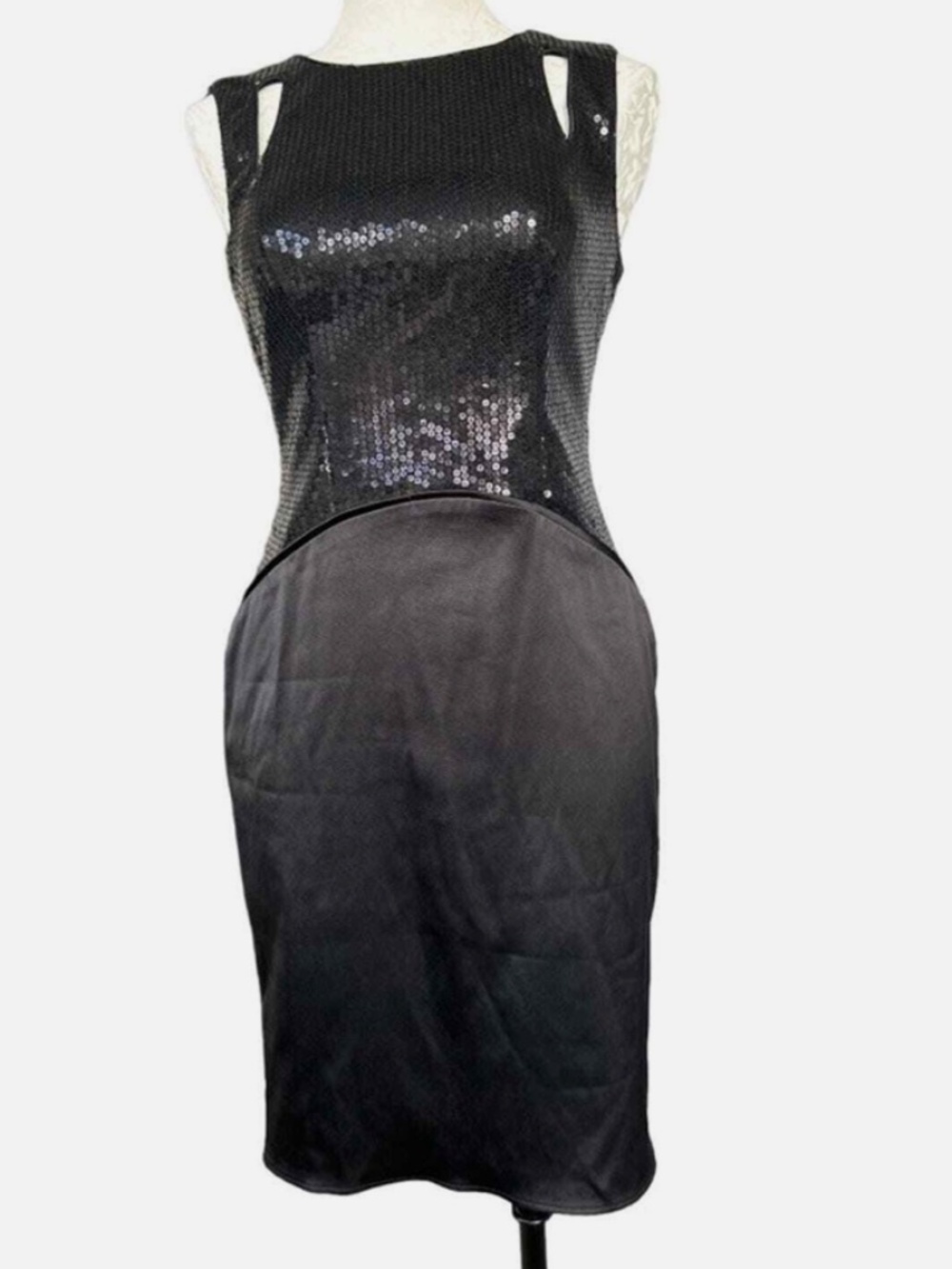 Vince Camuto Sequin Cocktail Dress Cut Out Back Black Satin & Sequins size 12